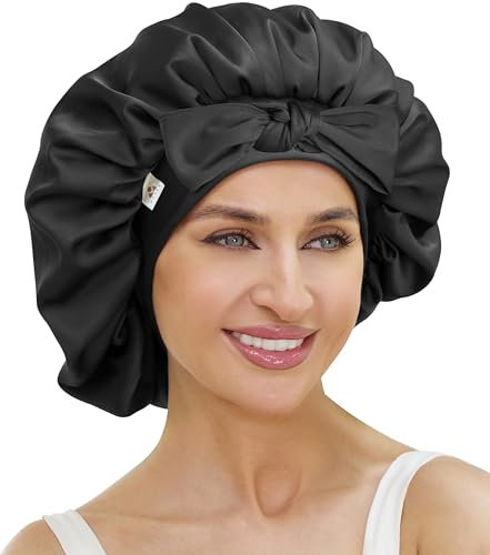 ATNKE Seidenhaube für Schlafende Damen, Weich Doppellagig Satin Gefüttert Seide Haarwickel Schlafmütze Mütze mit Haarband für Lange Jumbo Lockige Zöpfe Naturhaar/Black