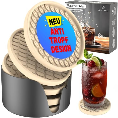 TESTNOTE SEHR GUT Gläser Untersetzer mit Tropfen Stopp, Spülmaschinenfest, Extra Dickes & rutschfestes Silikon - Getränkeuntersetzer, Cocktails, Tassen, Kaffee, Tee, 6er Set