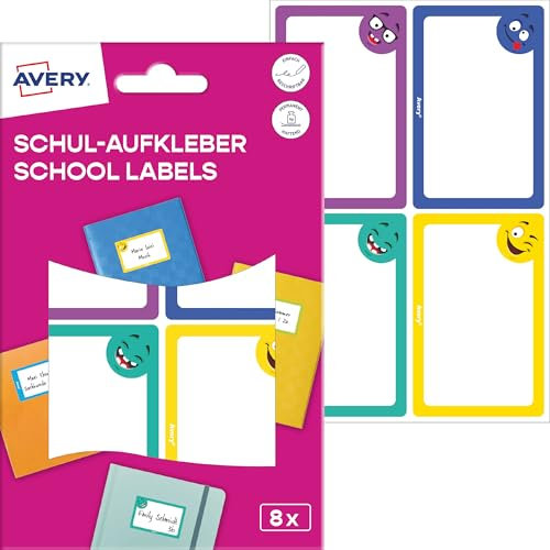 AVERY Zweckform SCHOOL8S Namensaufkleber Schule Kinder 8 Stück (46x68mm, Papier, selbstklebende Heftaufkleber, beschriftbare Namensetiketten, Buchetiketten für Schule, Kindergarten) bunt, Gesichter