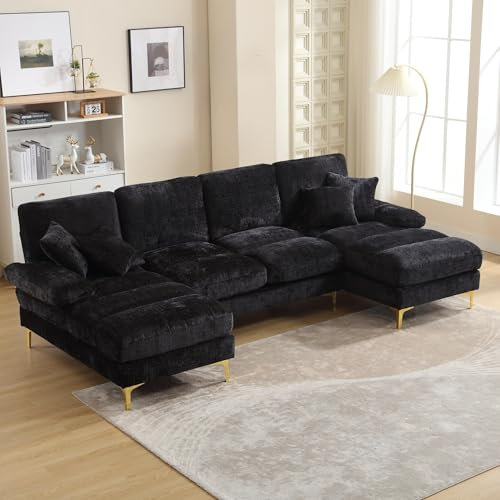 272CM Lange Sofa U-Form, Groß Couch mit Liegensitzen, Modulares Sofa 4 Sitzer Ecksofa mit Schlaffunktion für Wohnzimmer, Chenille-Stoff Schwarz