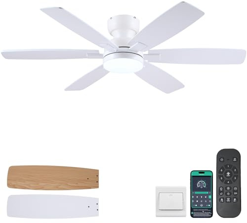 Kviflon 52 Ceiling Fans with Lights, Low Profile Ceiling Fan with Light and Remote/APP Control, Flush Mount Ceiling Fan with 6 Reversible Fan Blades, 3CCT, Dimmable, Quiet Motor for Kidsroom White