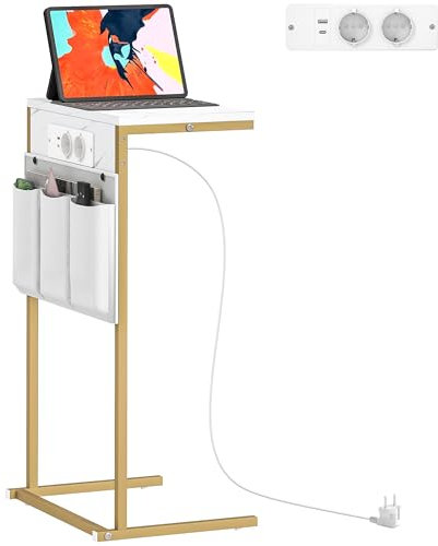 HOMCOM Table d'appoint de salon avec prises électriques et USB intégrées, table d'appoint en forme de C pour canapé et lit avec station de recharge et poches, table d'appoint effet marbre, 25,5x40x71