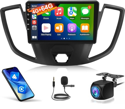 4+64G Android Autoradio für Ford Transit 2015-2019, 9 Zoll IPS Touchscreen Radio, Wireless CarPlay & Android Auto, GPS WiFi 6, DSP 32EQ, AHD Kamera & Externes Mikrofon
