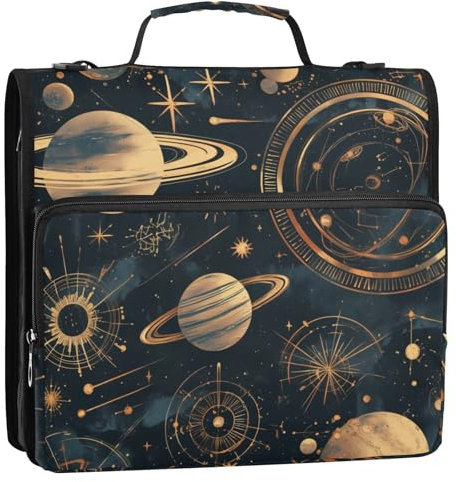 Unique Planet Stars Black and Gold Simple Line 3 Rings Zip Up Binder with Strap Multiple Pockets Portfolio Binder for School and Office