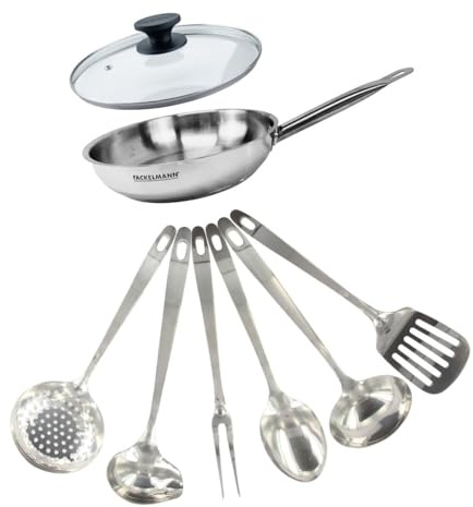 Fackelmann 9440050 Pfannen-Set, 24 cm, Edelstahl 18/8, Glasdeckel und 6 Küchenutensilien aus Edelstahl, Pfanne für alle Herdarten, Induktionsherde, Pfanne ohne PFAS, genieteter Griff, Edelstahl, Glas