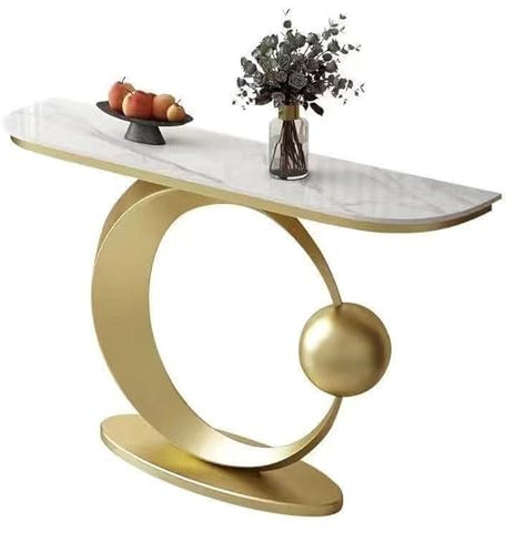 Consolle Ingresso Moderno Stretta Lusso Leggero Lastra di Pietra Tavolo da Ingresso Ispessito Oro Struttura In Ferro Battuto Verniciato Tavolo Decorativo per Soggiorno, Corridoio(White,120*30*80cm)