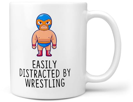 TeHeGifts Easily Distracted By Wrestling Mug – Funny Gift for Wrestling Fans – 11oz Ceramic Coffee Cup for Men Who Love WWE & Wrestling – Humorous Present for Him – UK