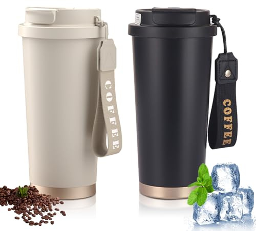 2 tazze da caffè To Go: 530 ML Flip Cover Thermos Coffee To Go, tazza termica in acciaio inox con paglia e manico a doppia parete, a prova di perdite e isolata, mantiene caldo per 6-12 ore