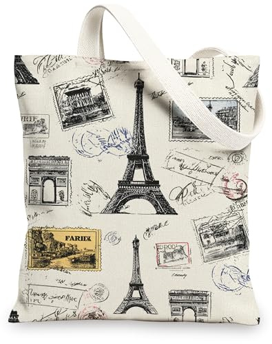 Paris Tower Canvas-Tragetaschen, Vintage-Postkarten-Muster, wiederverwendbare Einkaufstaschen, leicht, waschbar, Schultergurt, Leinwand B