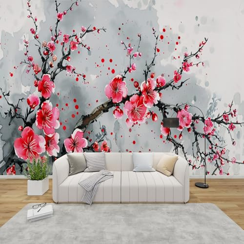 Fototapete Kirschblüte Schlafzimmer, 3D Tapete Japanische, Vliestapete Grau Rosa, Tapeten Wohnzimmer Muster, Asiatische Blumenmuster Wand Deko, Wandtapete, Mustertapete Vlies 300x210 cm