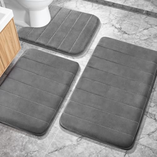 DASIAUTOEM Badezimmerteppich Set 3 Teilig, Badematte aus Memory Foam und U Förmige WC Vorleger, rutschfest & Saugfähig, Waschbar, Weich Badezimmer Vorleger für Dusche Badewanne (Dunkelgrau)