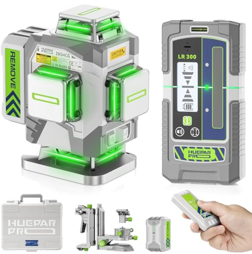 Huepar Pro Livella Laser Autolivellante a 360° Per Esterni con Ricevitore | Precisione ±2 mm, Telecomando, 8 ore di durata, Ricarica USB-C, Supporto magnetico multifunzione, Custodia di alta qualità