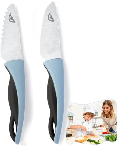 DealKits set de 2 cuchillos infantiles para cortar frutas y verduras, Azul | Cuchillos con puntas redondeadas y mango ergonómico para manos pequeñas desde 3 años, niños y niñas.