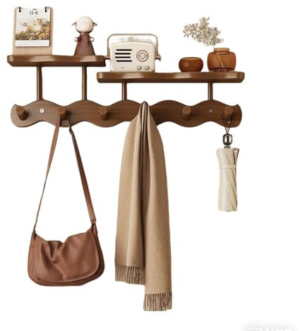 Porte Manteau Mural Avec Etagere,Porte-Manteaux Mural Avec Étagère Flottante Et 6 Crochets-Adapté Pour Le Couloir,La Chambre, Le Dressing,La Salle De Bain,La Décoration Du Salon(Bois Marron,52 Cm)