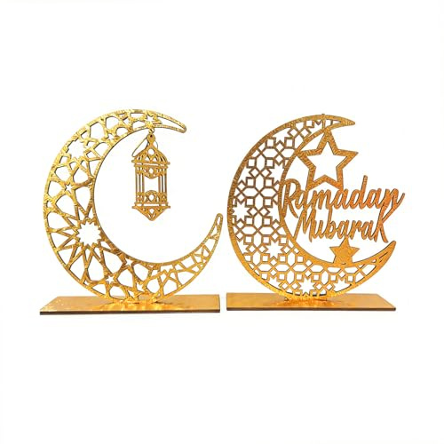 2Stück Mond Ramadan Tischdeko,Ramadan Holz Mond Dekoration Eid Mubarak Deko | Ramazan Diy Dekorationen Set Muslim Bayram Ornamente Bajram Moon Tisch Decoration Table Moon Ornament (Ramadan B)