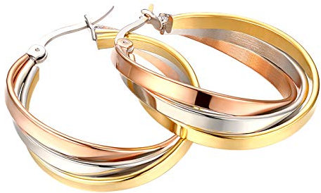 Flongo Damen Groß Ohrringe Frauen Ohrhänger Ohrstecker, Edelstahl Gestüt Reifen Huggie Ohrringe Creolen Silber Rose Gold große Runden Drahtseil Elegant Modell A