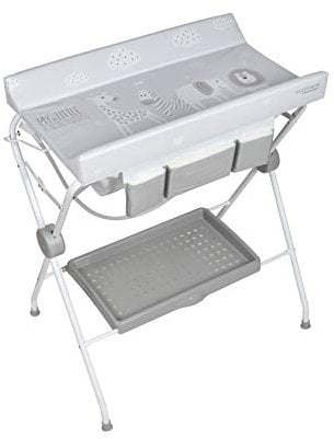 PLASTIMYR - Bañera Cambiador Bebé Extraíble | Sistema Antivuelco | Chasis Plegable y Ruedas con Freno | Incluye Tubo de Desagüe y Bandeja Portaobjetos, Flexible Flow Estrellas Gris