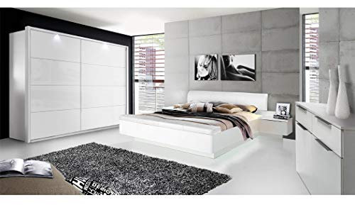 expendio Schlafzimmer Sophie 21C weiß teilweise Hochglanz Doppelbett mit 2X Nako Schwebetürenschrank mit Beleuchtung Kommode