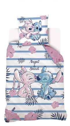 Disney - Housse de Couette Disney Angel & Stitch + Taie d'oreiller 63x63 cm - 100% Coton - Rose