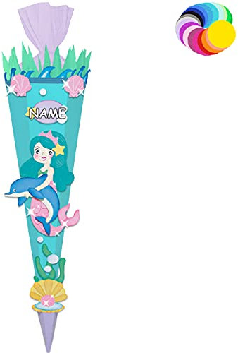 alles-meine.de GmbH Bastelset - Schultüte Farbe & Größe wählbar 70/85 / 100 cm - Meerjungfrau & Fische - inkl. Name - Farbe frei wählbar - Bastelschultüte - Zuckertüte zum ..