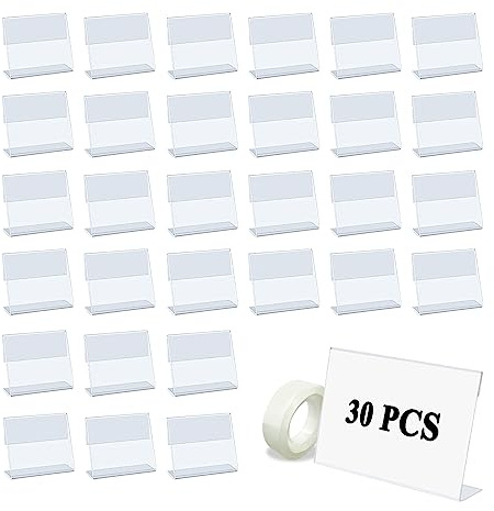 Spldsun 30 Stück Acryl Etikettenhalter, Acryl Tischnameschild, Transparent Preisschildhalter, Tischaufsteller Einzelhandel Preisschild, für Preisetiketten zur Waren-Beschilderung(7.5 x 6 cm)