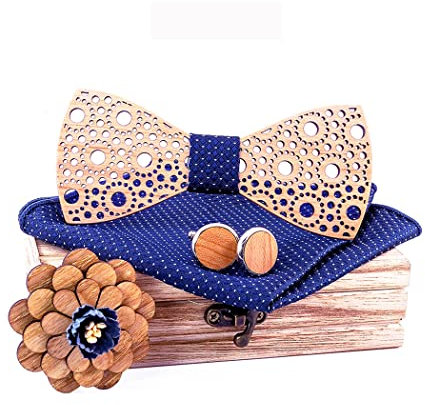 HZQIFEI Noeud Papillon Bois, Ensemble 4 Pièces Noeud Papillon en Bois + Boutons de manchette + Broche + Carré de Poche, Accessoire Mode (Style#08)