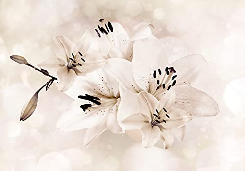 decomonkey Fototapete selbstklebend Blumen 343x256 cm Selbstklebende Tapeten Wand Fototapeten Tapete Wandtapete klebend Klebefolie Lilie Abstrakt Kunst beige weiß