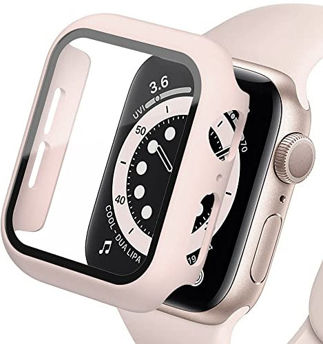 SOLOLUP Cover Compatibile per Apple Watch Series 6/Se/5/4 44mm con Vetro Temperato Pellicola Protettiva，PC Rigido Caso Antiurto Protezione Completa per iwatch 44mm Custodia，Sabbia Rosa
