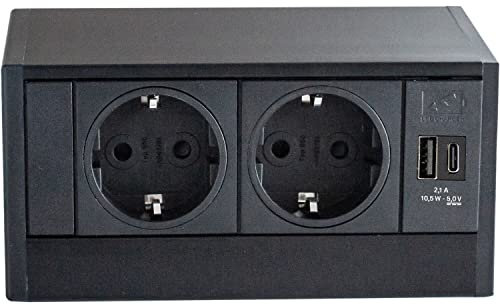 EVOline 159800017000 Élément de Prise R-Dock Noir avec 2 chargeurs, 2 Prises Schuko, USB-A, USB-C