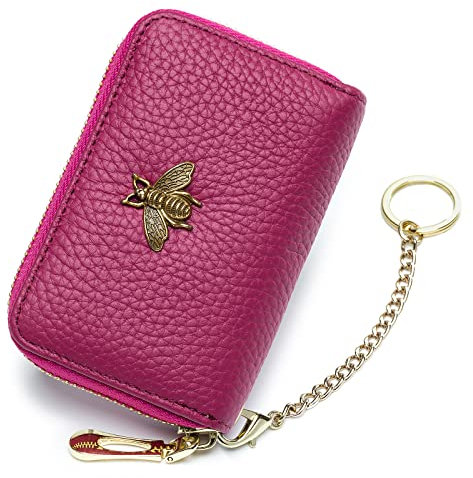 imeetu RFID-Kreditkartenhalter, kleines Lederetui mit Reißverschluss, Kartenetui für Damen, A-Fuchsia (ID-Fenster + Schlüsselanhänger), Small, Classic