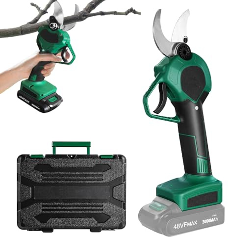 UISEBRT Sécateur électrique professionnel 48 V 3000 mAh - Diamètre de coupe 30 mm - Avec 2 piles rechargeables et 2 lames, ciseaux de coupe pour jardins, parterres de fleurs, branches
