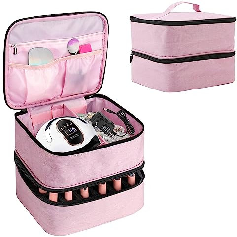 Nagellack Aufbewahrung Tasche, Doppelschicht Nagellack Tasche Organizer für 30 Flaschen (0.5 FL.oz) und Nageltrockner, Tragbare Kosmetiktasche für Nagel Gel Sets und Nageldesign Zubehör, rosa