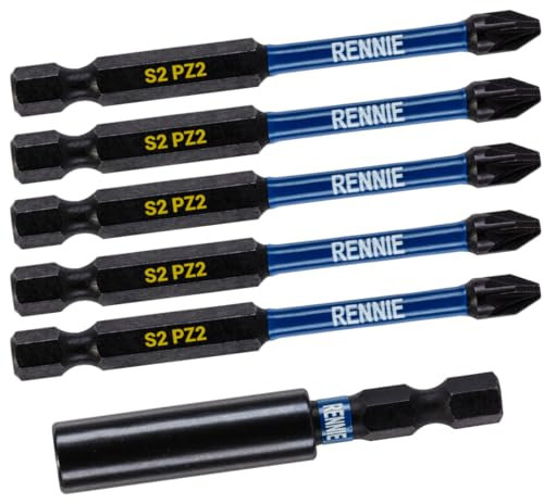 6 Piece Rennie Tool Magnetic 60mm Professional Impact Bit Holder with 5 x 75mm Long Magnetic Pozidriv PZ2 Screwdriver Impact Bits. Heavy Duty