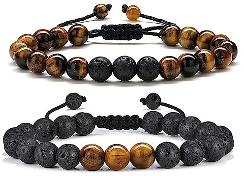 TINGN Tigerauge Schwarzer Lavastein Herren Armband - Verstellbar, Angst Lindernd - Geschenk für Männer und Väter