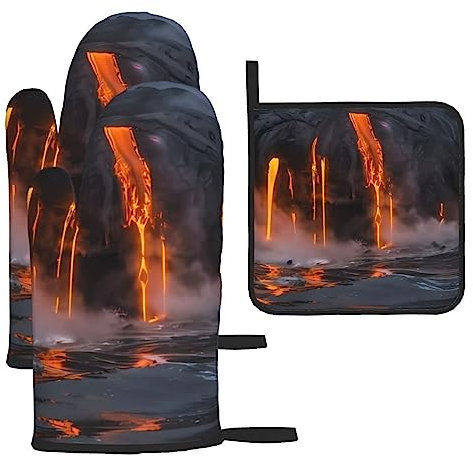 Kilauea Vulkan-Ofenhandschuhe und Topflappen, Set mit 3 rutschfesten Grillhandschuhen, Küchenhandschuh, hitzebeständig, für Küche, Kochen, Backen, Grillen