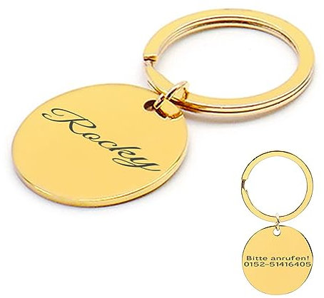 Tiermarke mit Gravur - Personalisiert mit Name - Namensschild für Halsband - Anhänger Marke für Hunde und Katzen - Dog Cat Tag (Gold, Ø 30mm)