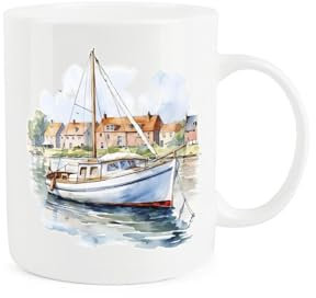 Purely Home Vintage Sailboat Sailing Mug - Painted Watercolour Sailboat Boating River Cruise Gift Present - Tea Coffee White Bone China Mug