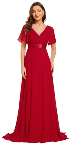 Ever-Pretty Women's Double V-Neck Short Flutter Sleeves Empire Waist Elegant Chiffon Long Evening Dresses Red 22UK