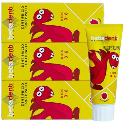 Betadent Set mit 3 Zahnpasten für Kinder von 3 – 6 Jahren. Himbeergeschmack. Anti-Plaque- und Karieswirkung, ausgewogene Dosierung von Fluorsalz bei einer Konzentration von 430 ppm F. 3 x 75 ml