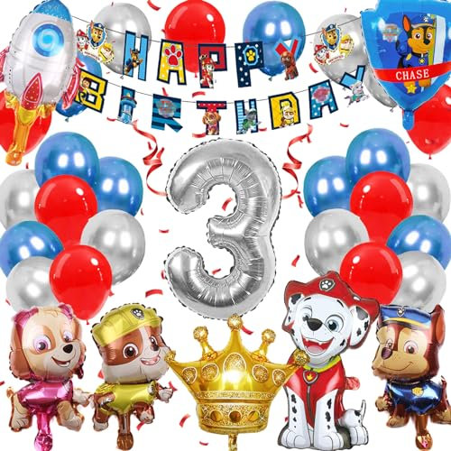 YOUYIKE Dog Ballon 3 Geburtstag Deko, Paw Patrol Luftballon Set Mit Alles Gute Banner, 3 Jahre Folienballon für Jungen Mädchen(3)