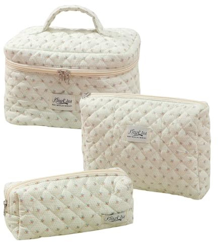 3Stück Kosmetiktasche Set Damen,Blumen Kosmetiktasche Aesthetic Make Up Bag Tasche Gesteppte,Groß Schminktasche, Travel Essentials Aesthetic Stuff Clean Girl (4)