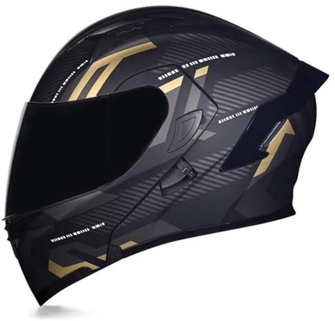 Woljay Full Face Flip Up Motorcycle Modular Helmet Integrated Motorbike Dual Visor for Adults Men Women Moped Street Racing DOT Approved (XL,Count Black Gold - Smoke Visor)