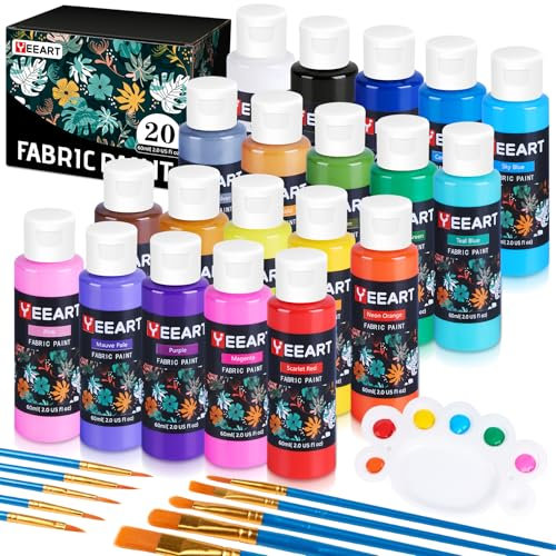 Fabric Paint, Yeeart 20 Colors Permanent Soft Fabric Paint Set for Clothes in Bottles (60ml/2oz) with 10 Brushes, Palette, Non-Toxic Textile Paint Art Supplies for Clothes, Canvas, T-Shirts, Jeans,