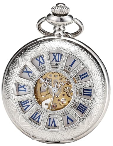 ManChDa Taschenuhr - Taschenuhr mit Kette Mechanisch Skelett Antik Steampunk Vintage 12-Kleines-Fenster Hohl Fall Fob Uhr für Herren | Silber Blau römische Ziffern