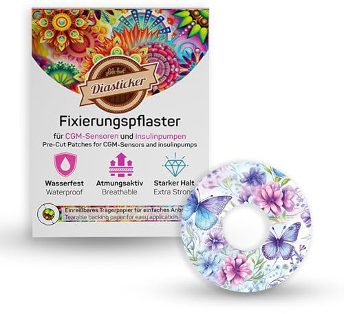 Diasticker® | Motiv-Pflaster für Freestyle Libre 3 Sensor (5 Stück, Butterfly Kiss) | Wasserfest - Hautfreundlich - Atmungsaktiv - Starker Halt | Selbstklebende Fixierpflaster, Sensor-Fixierung