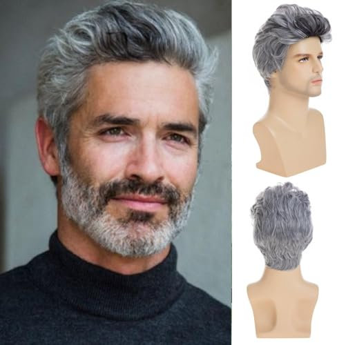 Qnbiar Männer Perücke Kurze Grauperücke Synthetic Hitzebeständig Natural Halloween Cosplay Haar Perücke