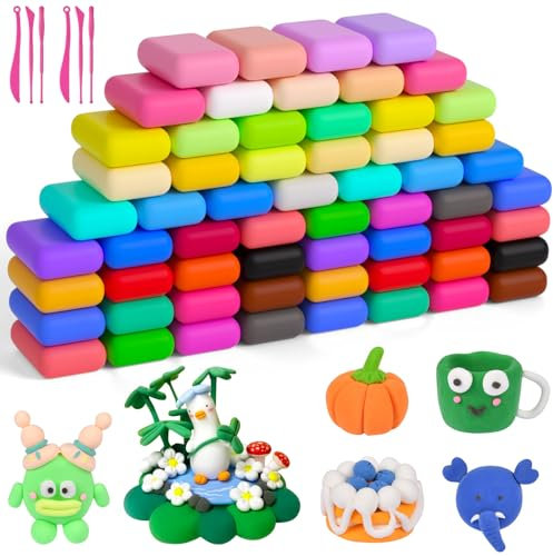AUAUY Modelliermasse-Set, Knete Starter Set, 60 Farben Lufttrocknende Magische Knete für Kinder, Modelliermasse Lufttrocknend, Art Polymer Clay Geschenk für Jungen und Mädchen im Alter von 3-12 Jahren