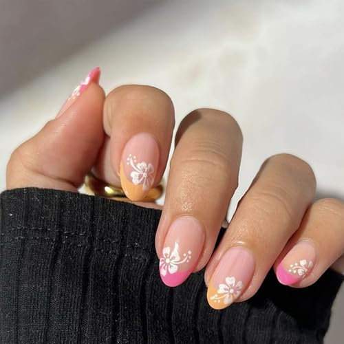 NATOSU Faux ongles à pression French Tip en forme d'amande moyenne, faux ongles à fleurs blanches, pointes d'ongles roses avec motif de fleurs d'hibiscus, faux ongles pour femmes