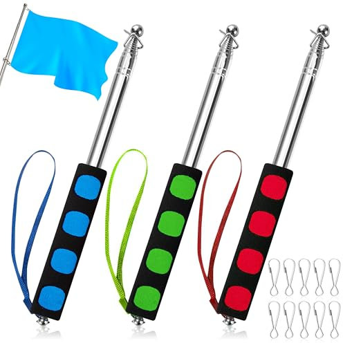 Heveer Mât Telescopique 3 Pièces 1 M en Acier Inoxydable Mât de Drapeau Télescopique avec 10 Crochets Portable Porte Drapeau Bâtons pour Salle de Cours Guide Touristique