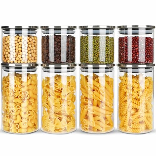 Mozvvco Set di 8 Barattoli Vetro con Coperchio in Acciaio Inox - Barattoli in Vetro per Alimenti - Porta Pasta Biscotti - Barattoli Vetro Ermetici - Barattoli Cucina (4x700ml,4x350ml)